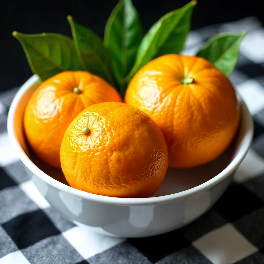 Two Tangerines in a Bowl on Checkered Cloth