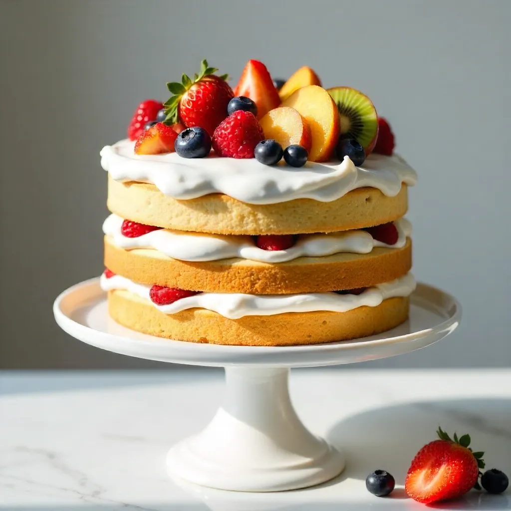 Mouthwatering sponge cake on a white pedestal stand