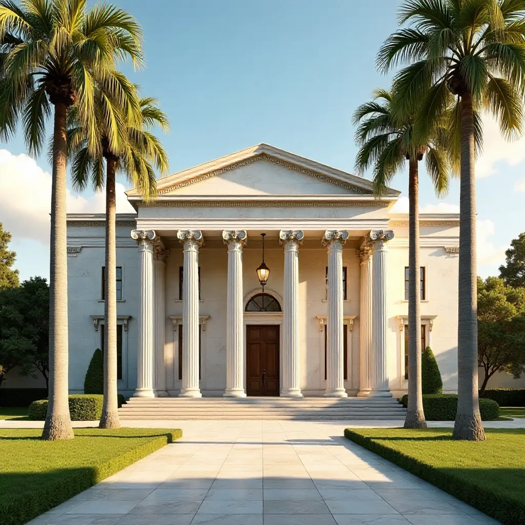 Timeless Neoclassical Facade Framed by Palm Trees