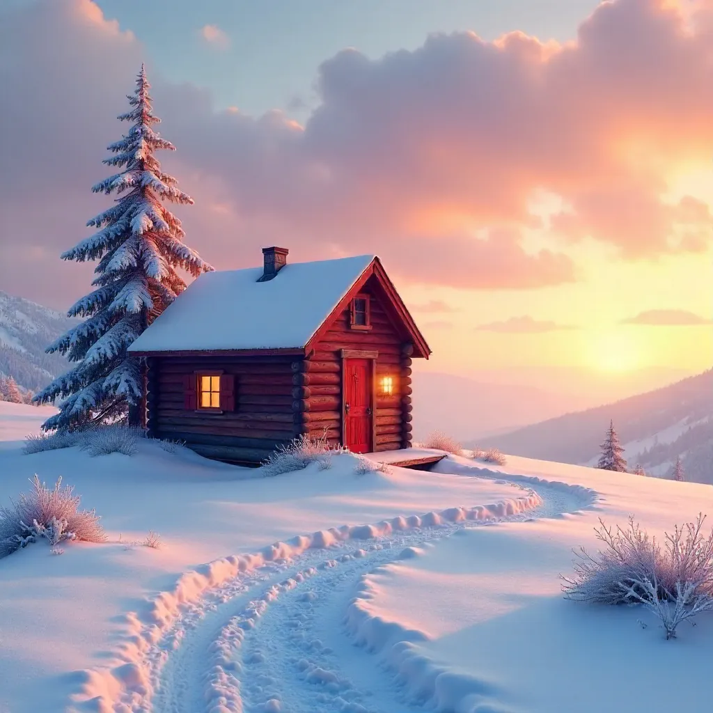 Solitary Red Cabin on Snow at Sunrise in Pastel Skies