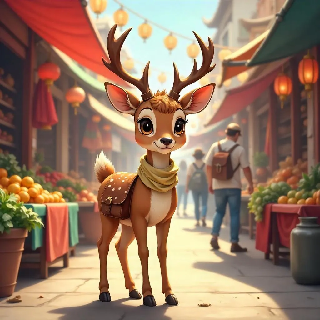 Anime Deer in a Bustling Market