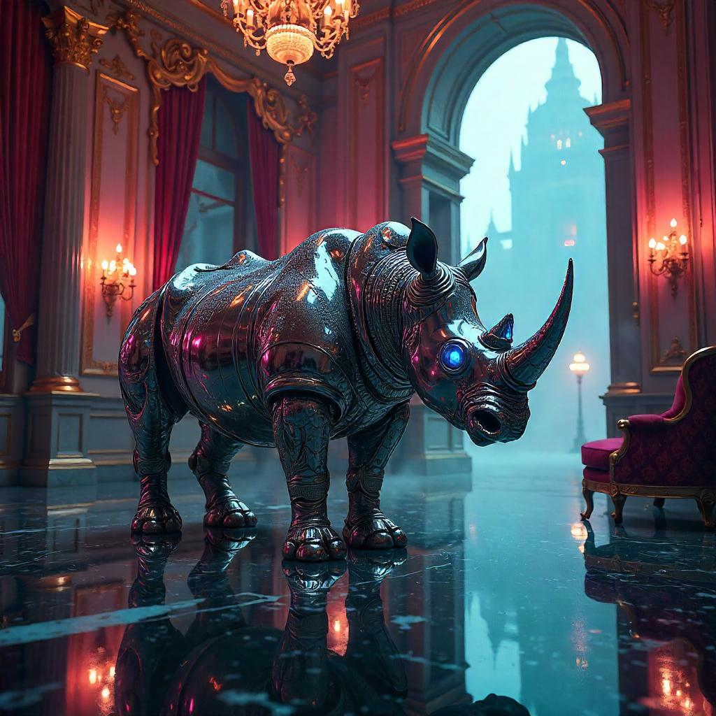 Rhinoceros in a Neon Cyberpunk Mansion