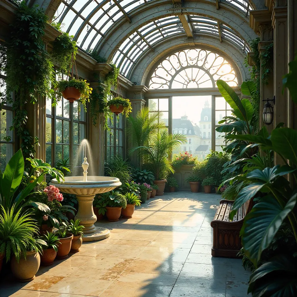Sunlit Indoor Garden in a Paris Glasshouse Conservatory