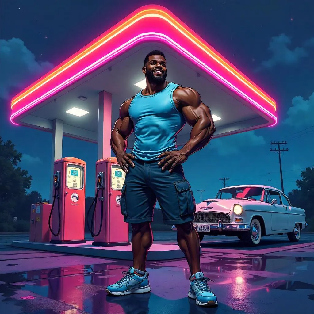 Strong Black Man in Cartoon Pose at Gas Station