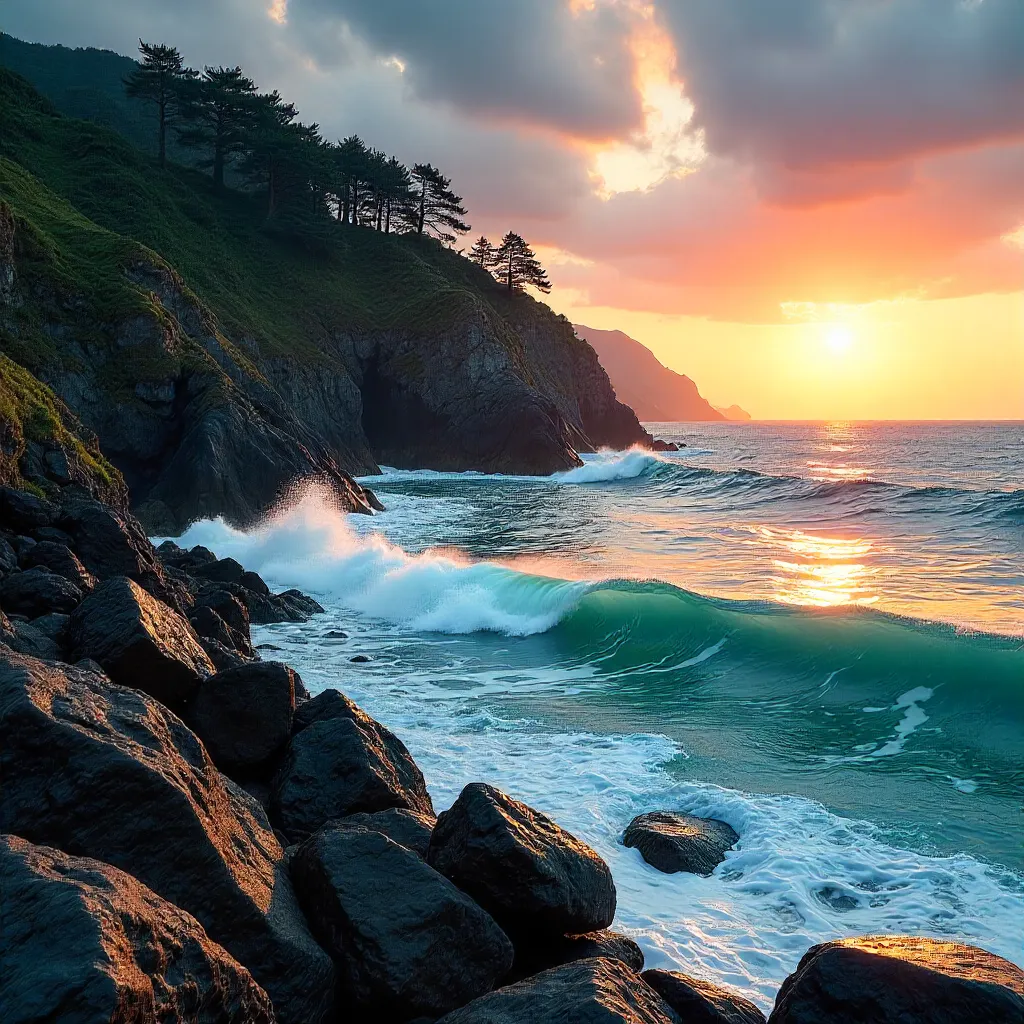 Wakayama Cliffs and Crashing Waves at Sunset