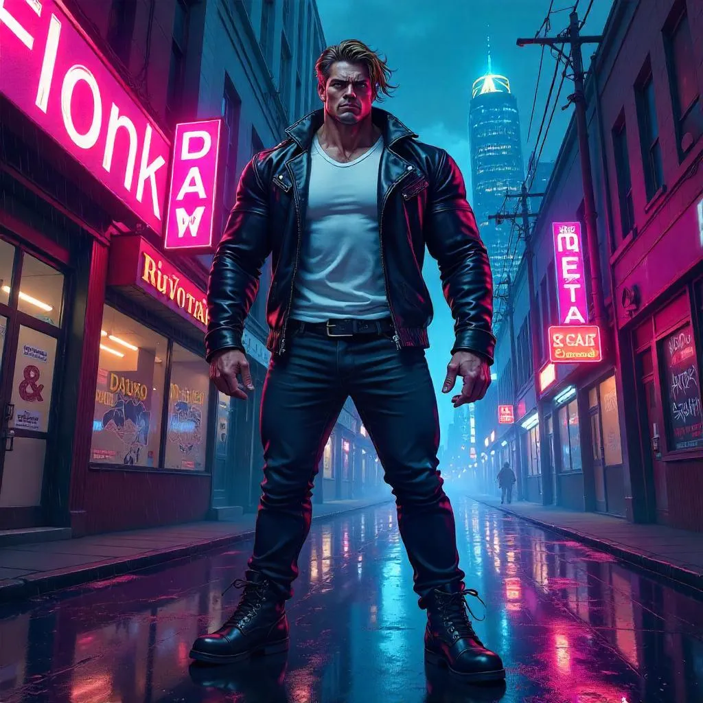 Neon City Muscular Hero in Anime Style