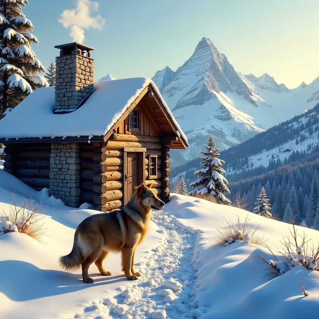 Shaggy Dog by a Snowy Wooden Hut in Tatranská Javorina
