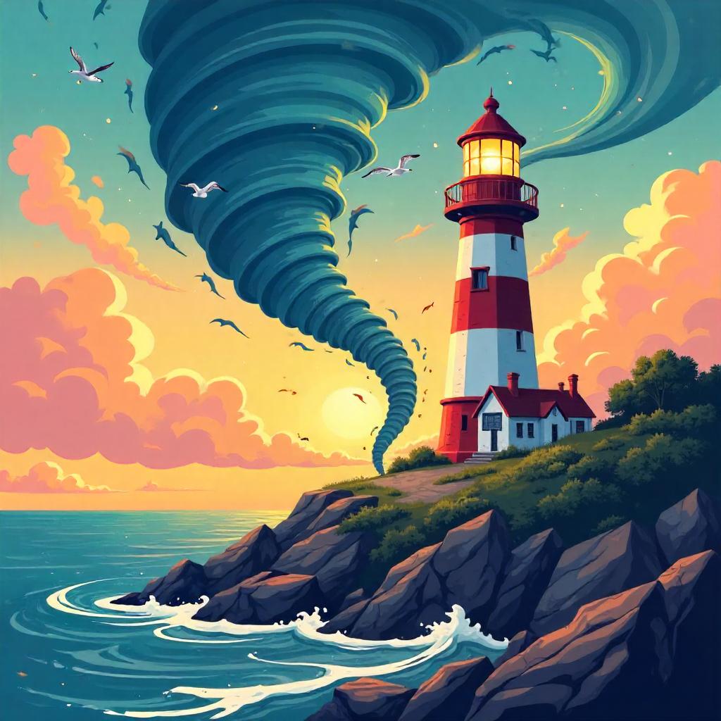 Cartoon Lighthouse Survives a Playful Tornado