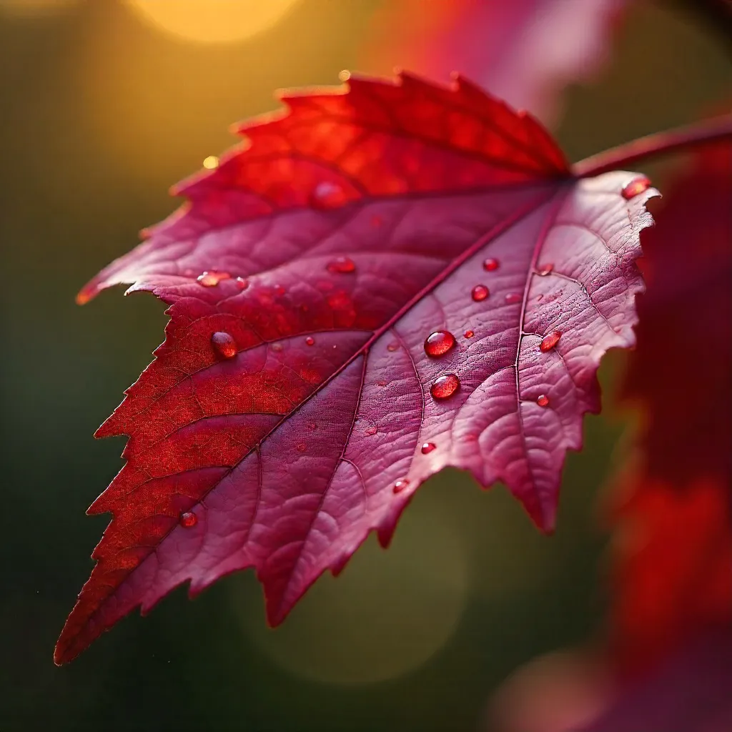 Close-up Crimson Autumn Leaves with Raindrops