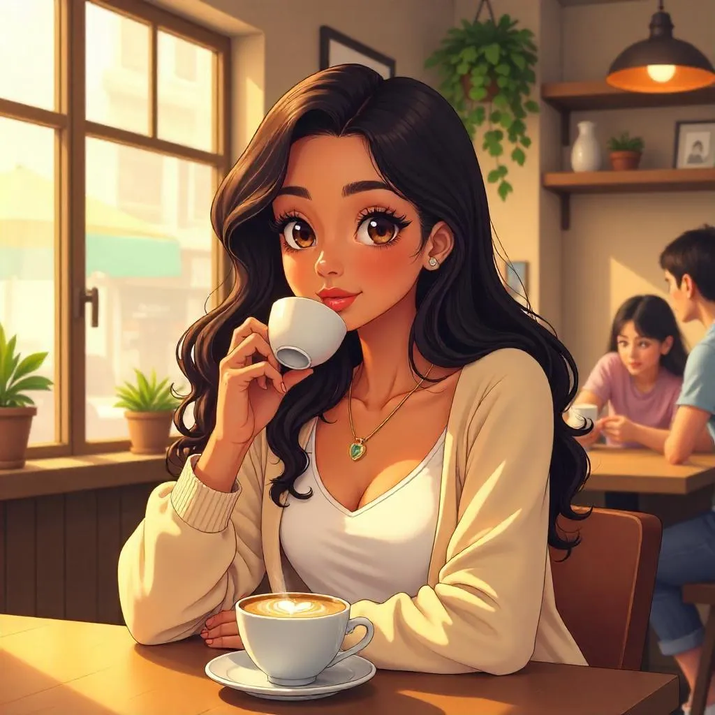 Latina Anime Woman in a Cozy Cafe