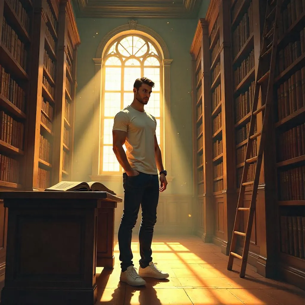 Athletic man in a sunlit library - digital painting