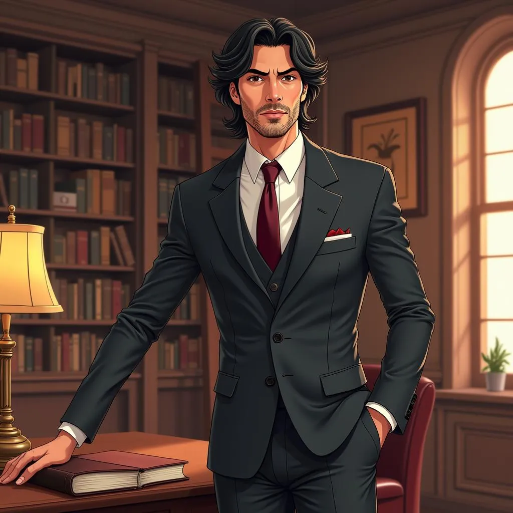 Elegant Latino Gentleman in an Anime Library