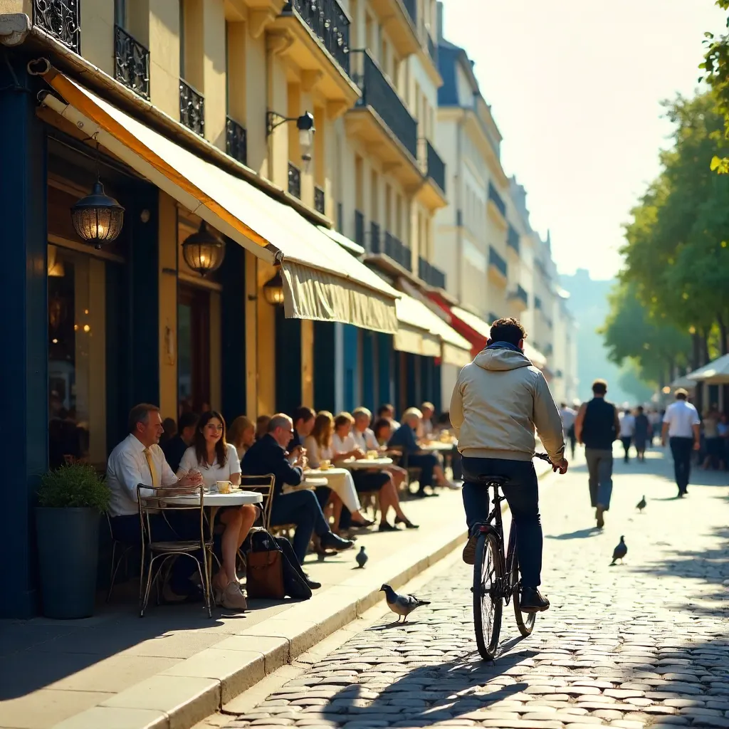 Sunlit Paris Cyclist by Striped Café Awnings