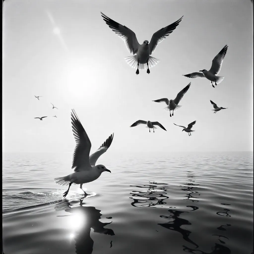 Monochrome Seagulls Over a Calm Ocean