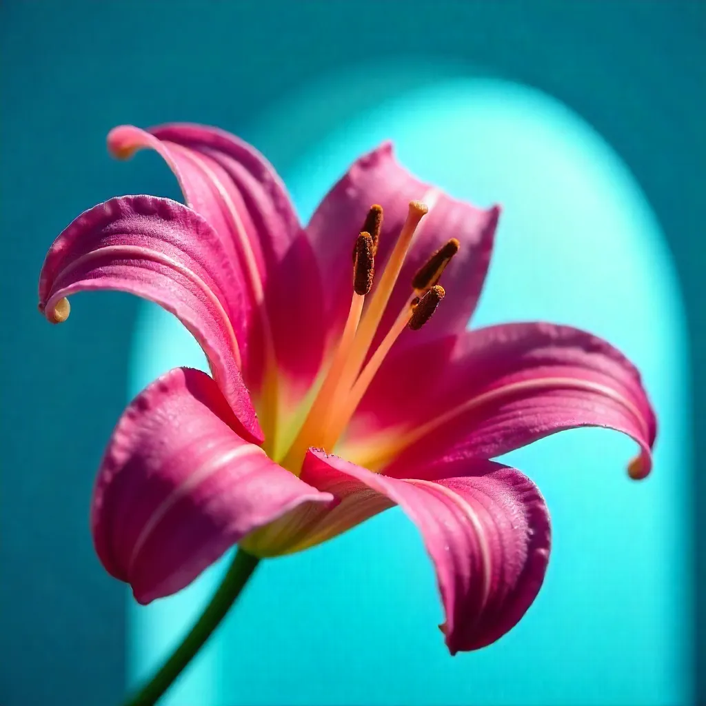 Vivid Pink Lily Macro Against Bright Blue Arch Backdrop