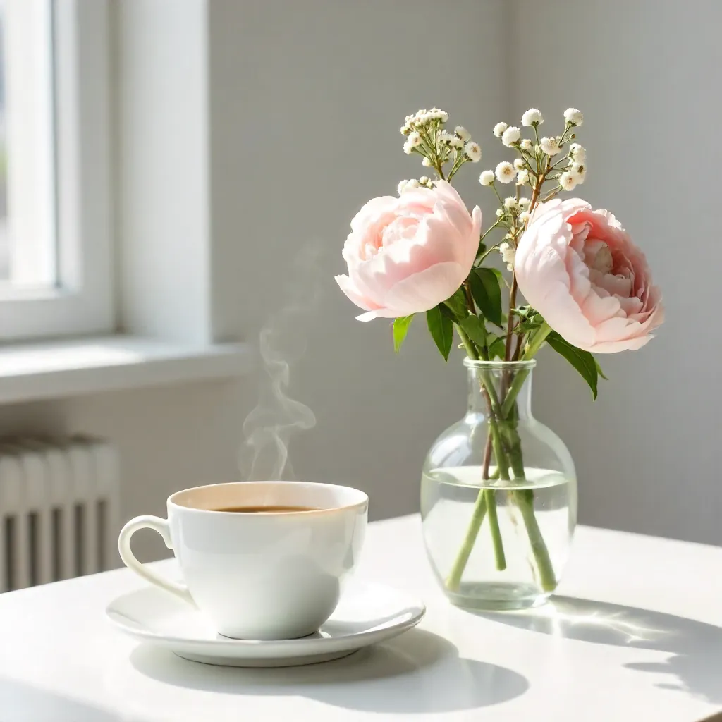 Minimalist Coffee Cup & Florals on a White Table