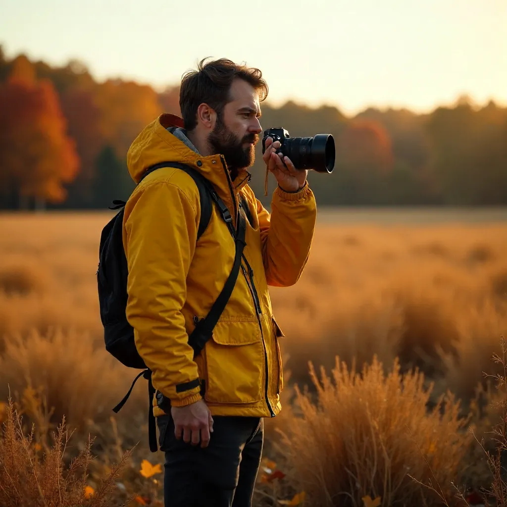 Autumn Field Photographer in a Yellow Jacket