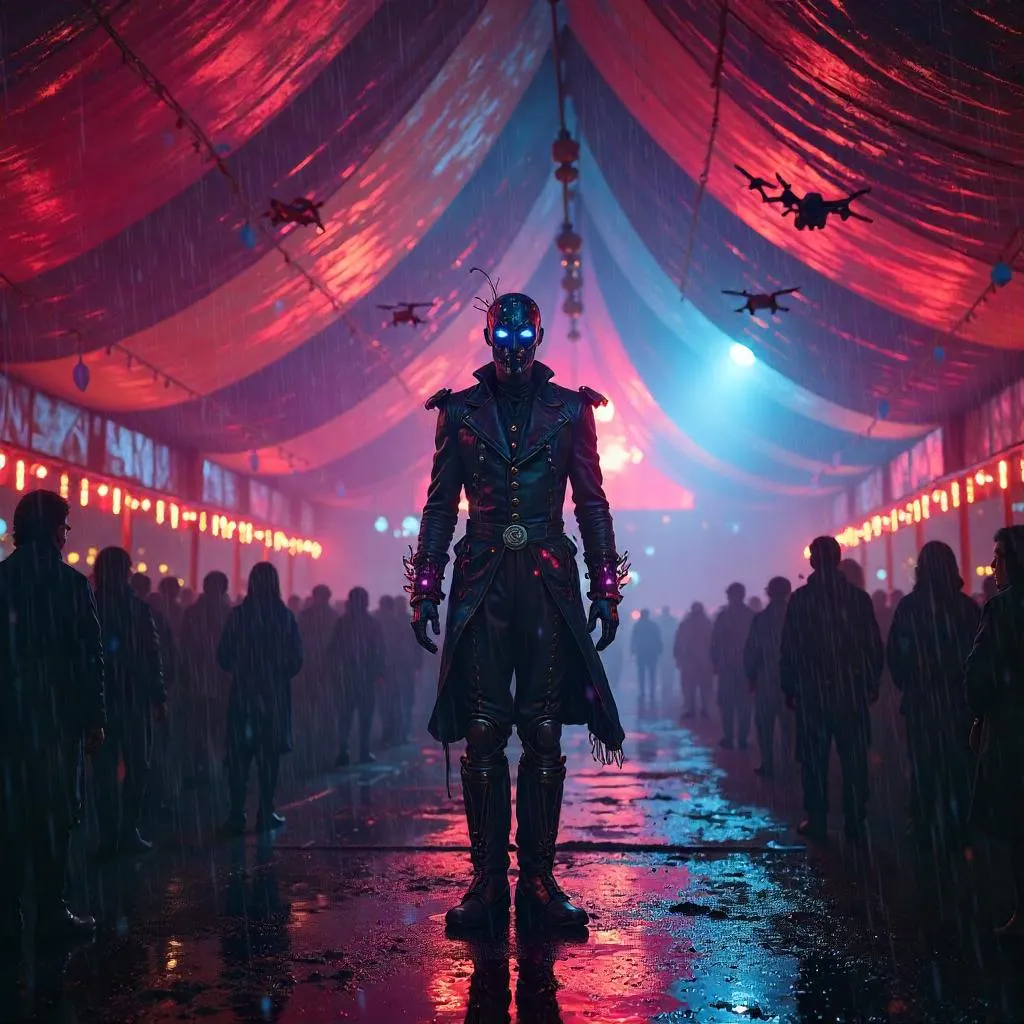 Neon Jester in a Cyberpunk Circus Tent