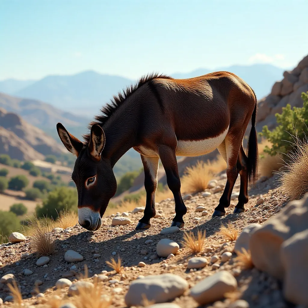 Donkey Grazing on a Rocky Moroccan Hillside