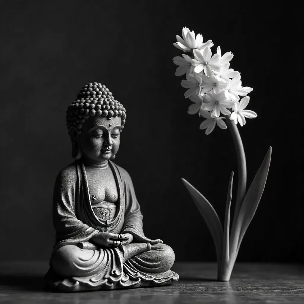 Moody Noir Buddha Beside a Blooming Hyacinth
