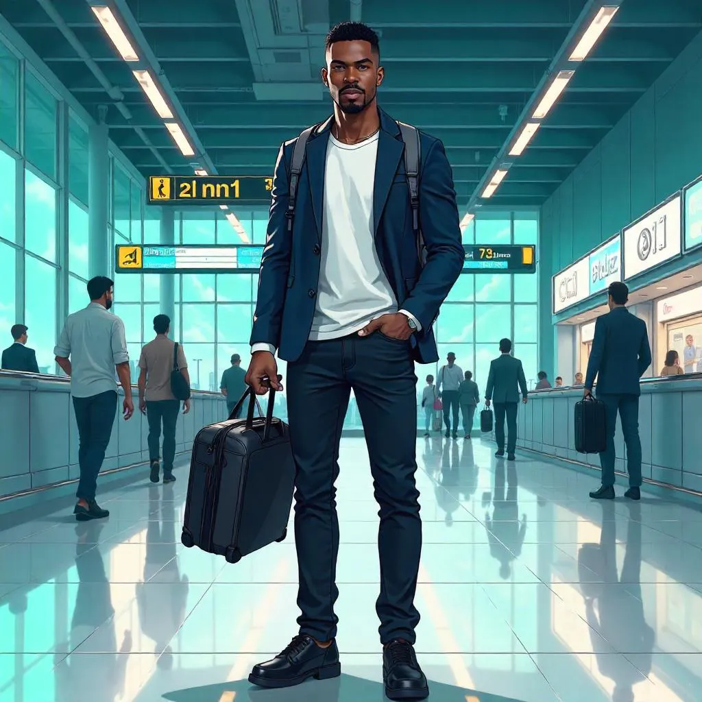 Confident Black Man in Anime Airport