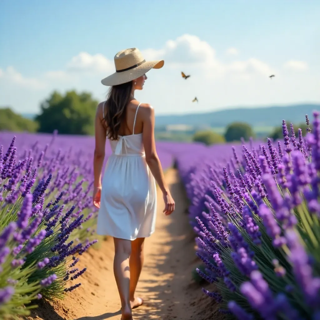 Sunlit Lavender Walk with a Woman in a Straw Hat