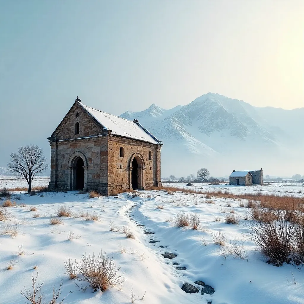 Solitary Church of Ani in Snowy Turkish Field