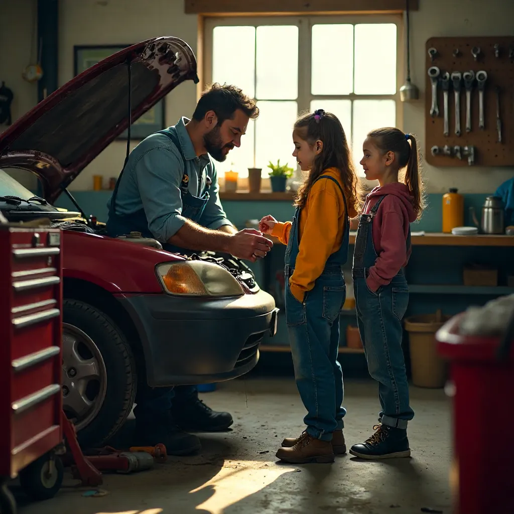 Father Teaches Daughter Car Repair in the Garage