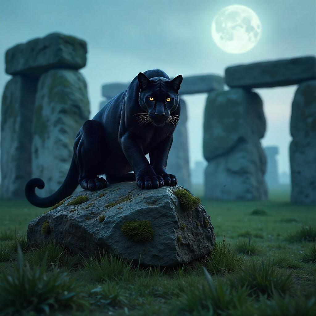 Moonlit Black Panther at Stonehenge (3D Render)