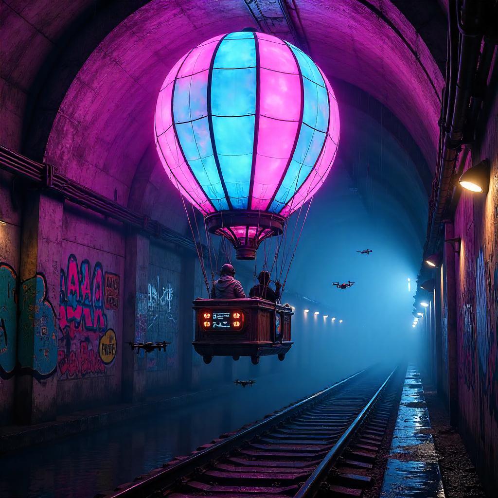 Neon Balloon Over a Cyberpunk Subway Tunnel