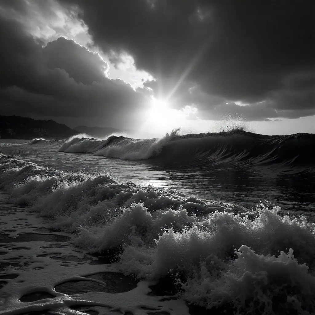 Dramatic Sunset Waves in Black and White