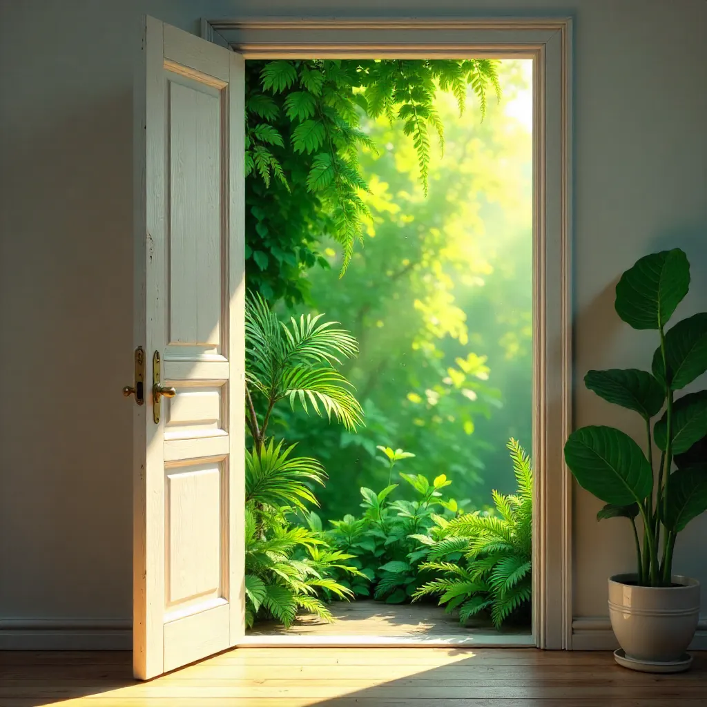 Partial White Door to Lush Green Outside