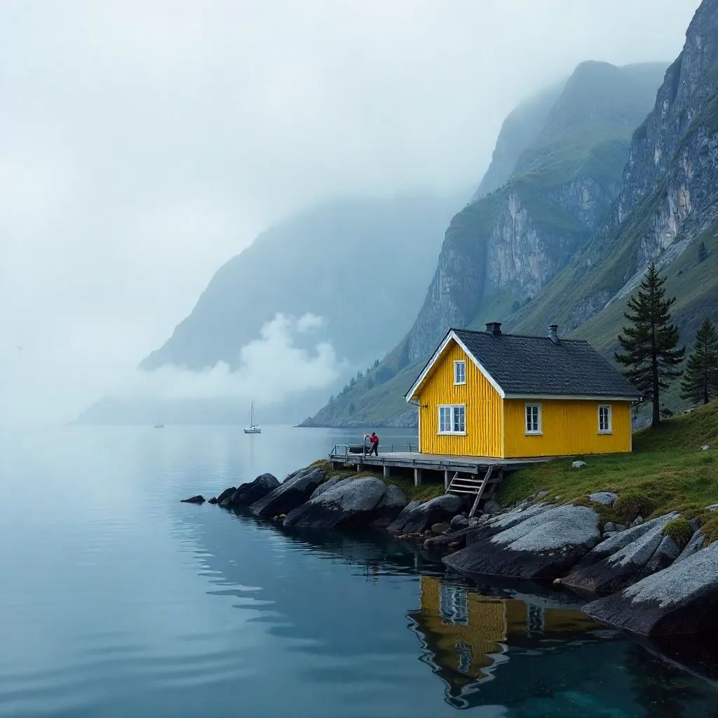 Yellow House in Misty Nordland Seascape