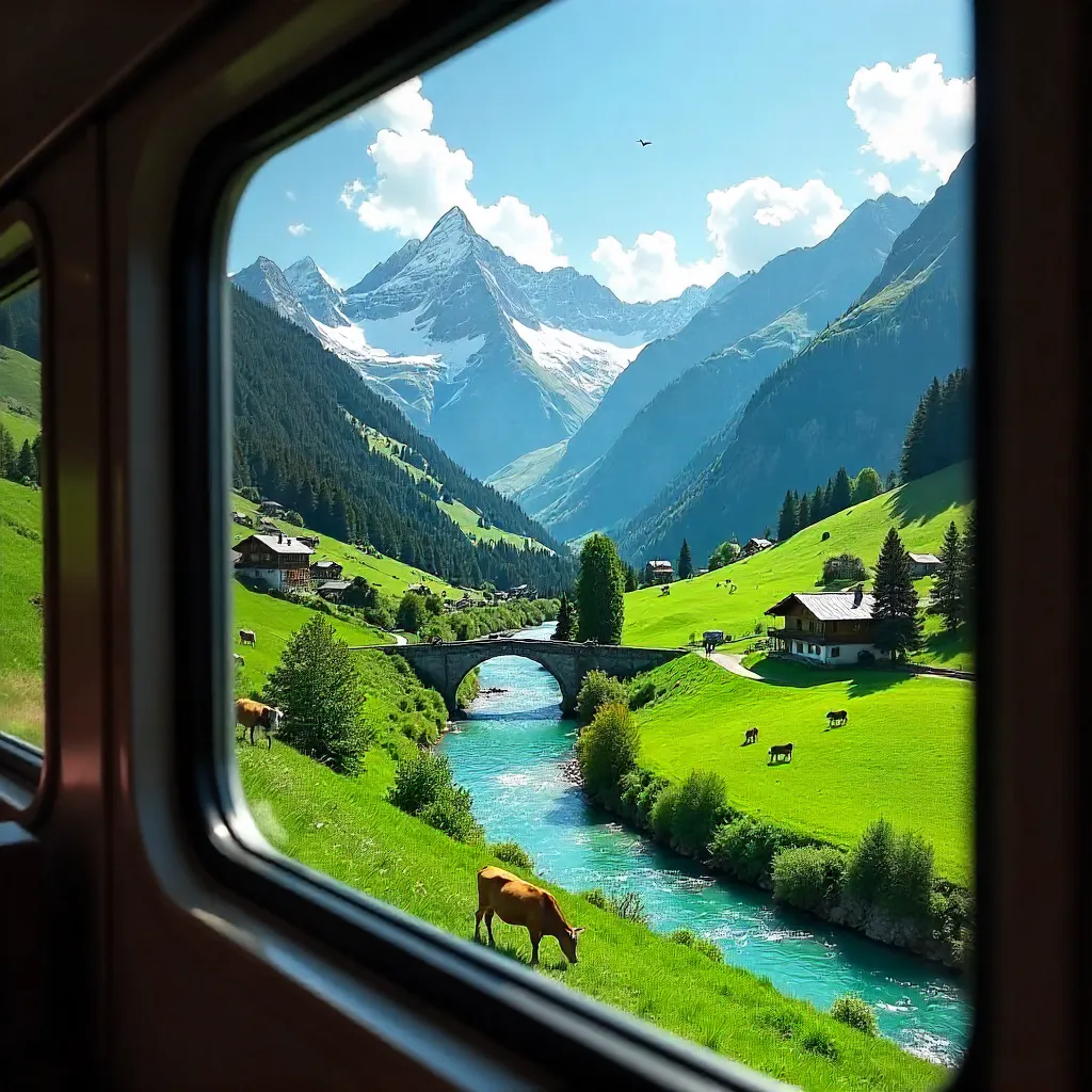 Swiss Train Window View: Alpine Valleys and Peaks
