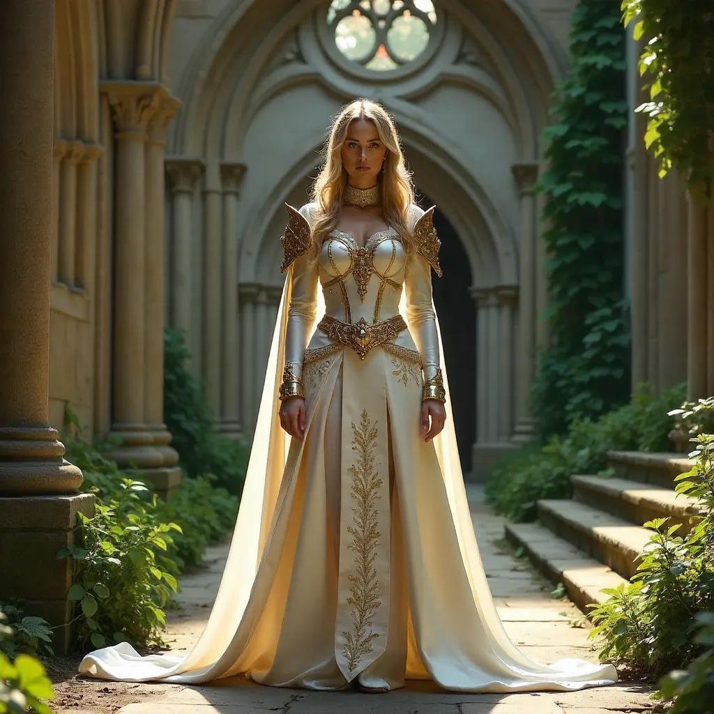 Regal White and Gold Cosplayer in Gothic Greenery