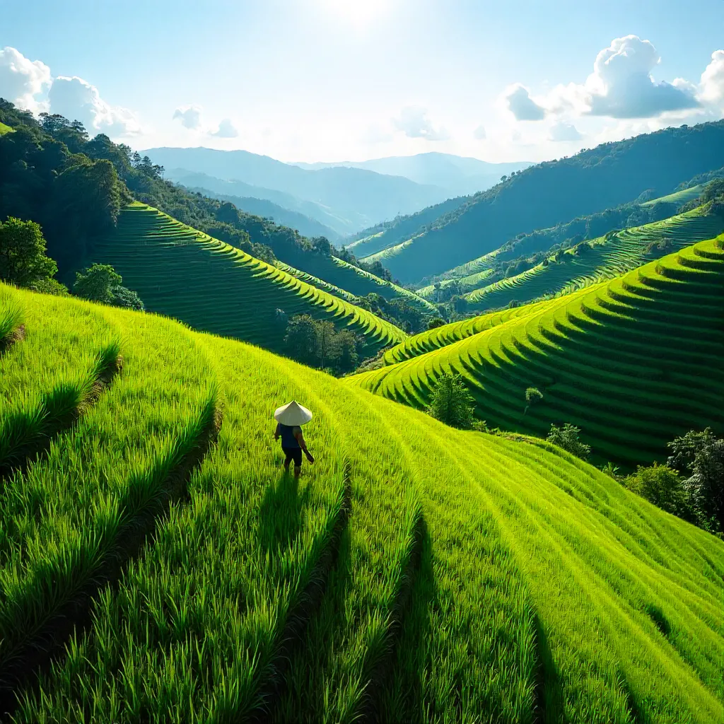 Aerial Emerald Terraces of Bengkulu in Summer