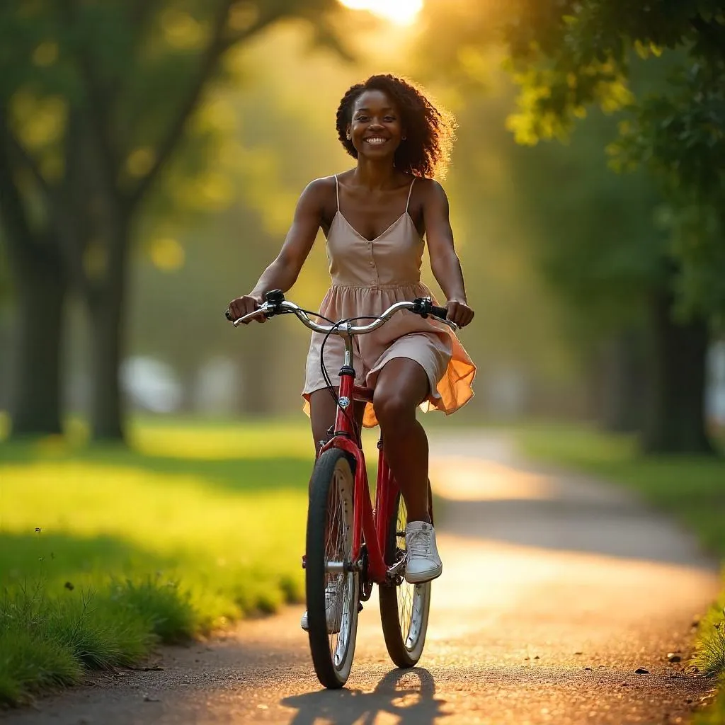 Golden Hour Ride: A Beautiful Black Woman on a Bicycle