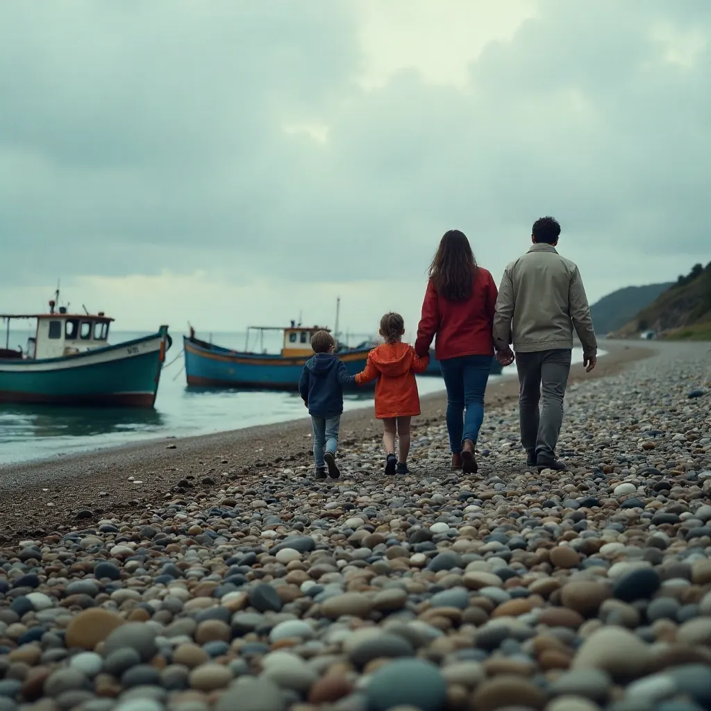 Family on Pebbled Beach Under Cloudy Skies
