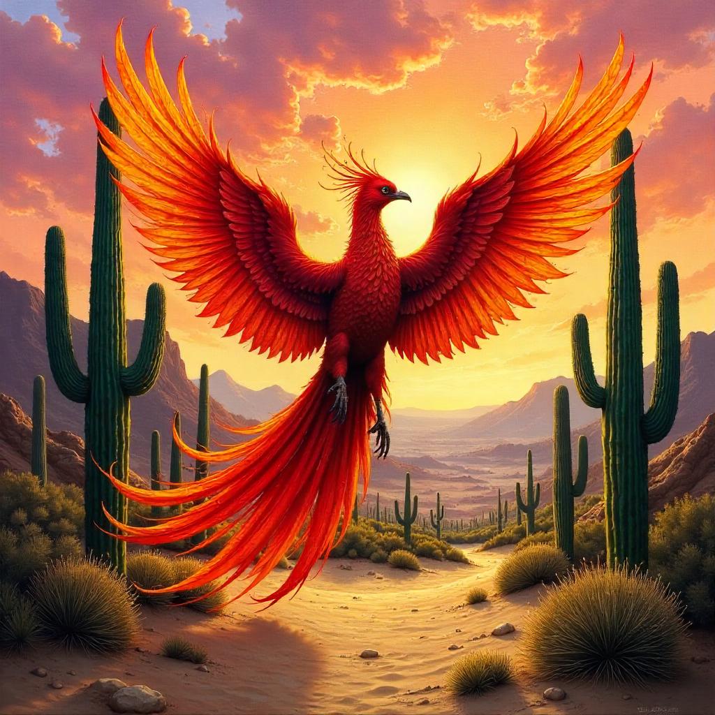 Phoenix Rising Among Desert Cacti - Oil Painting