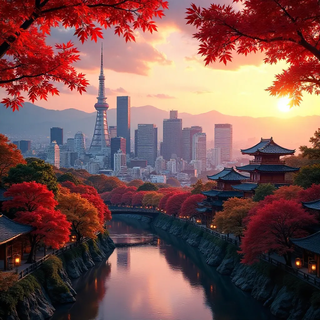 Kyoto Skyline in Autumn: Tower and Fall Foliage
