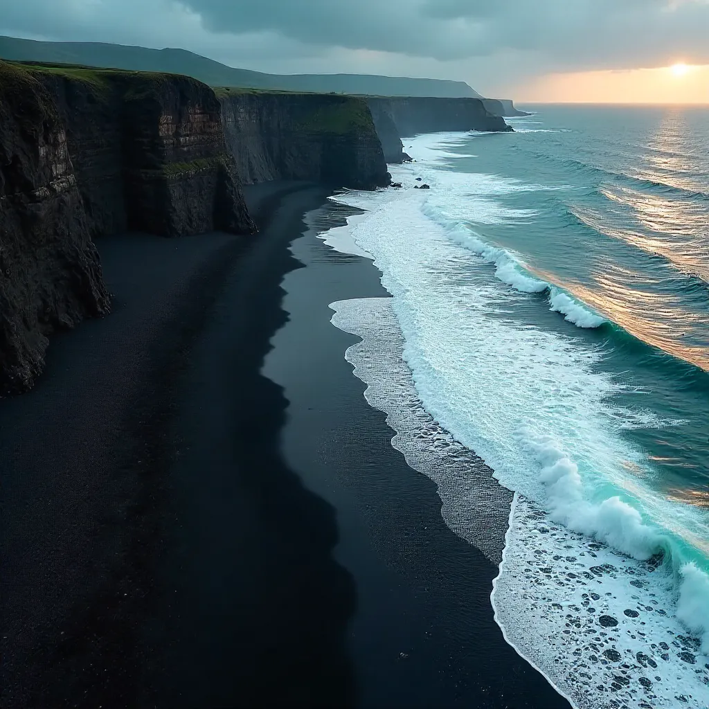 Aerial Drama: Black Sand Beach and Rolling Waves