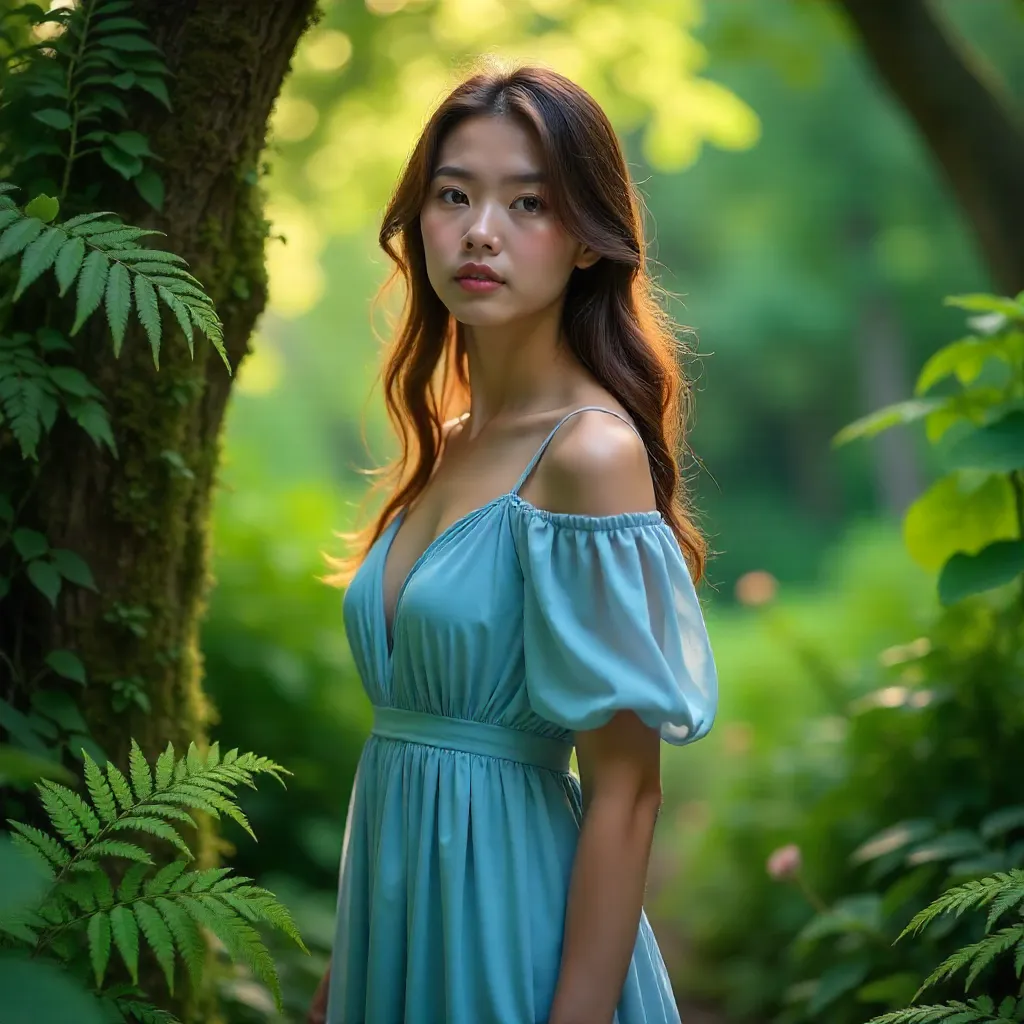 Serene Portrait: Light Blue Dress in Greenery