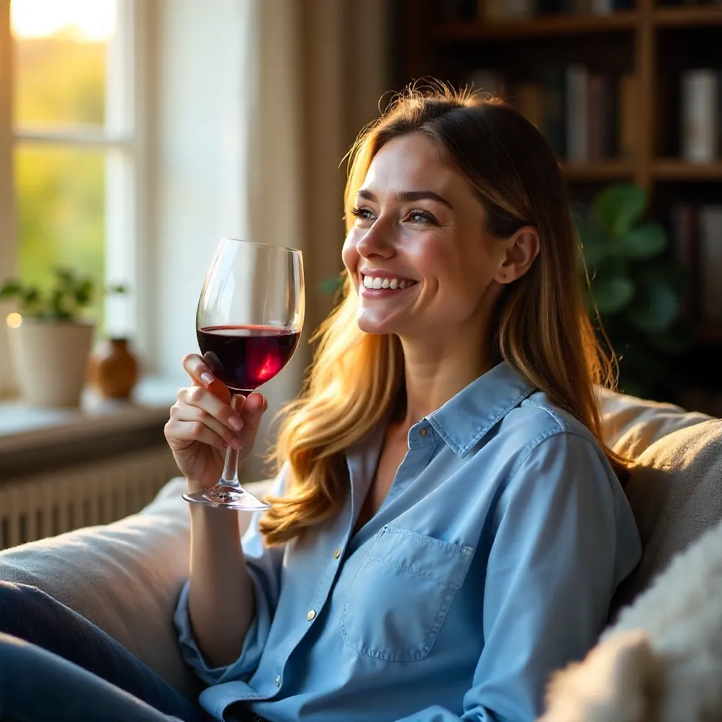 Blue Shirted Woman Enjoying Red Wine at Home