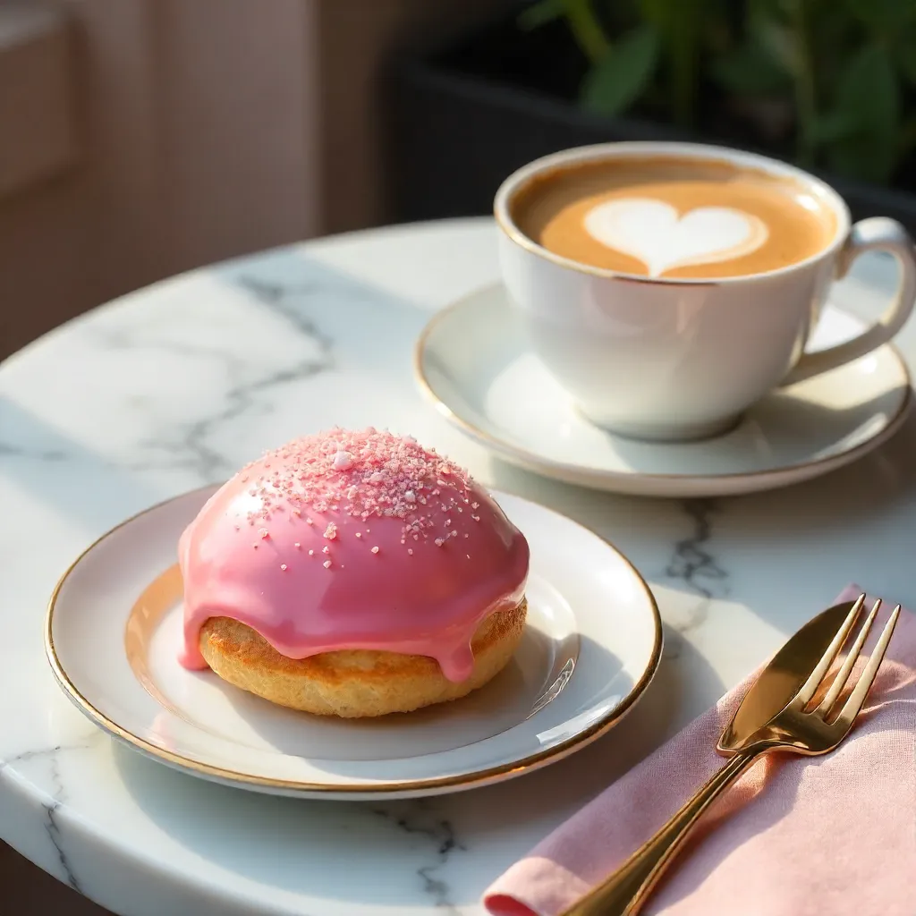Delicate Pink Pastry with Frothy Latte on Marble Table