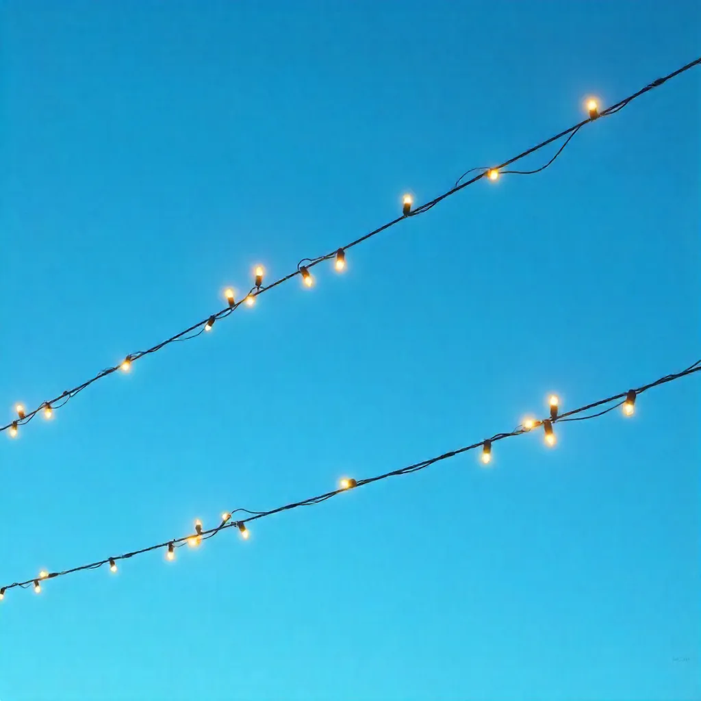 Diagonal string lights over clear blue sky: minimalist geometry
