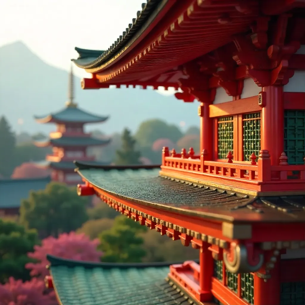 Vermilion Japanese Pagoda Close-Up: Timber Carvings and Eaves