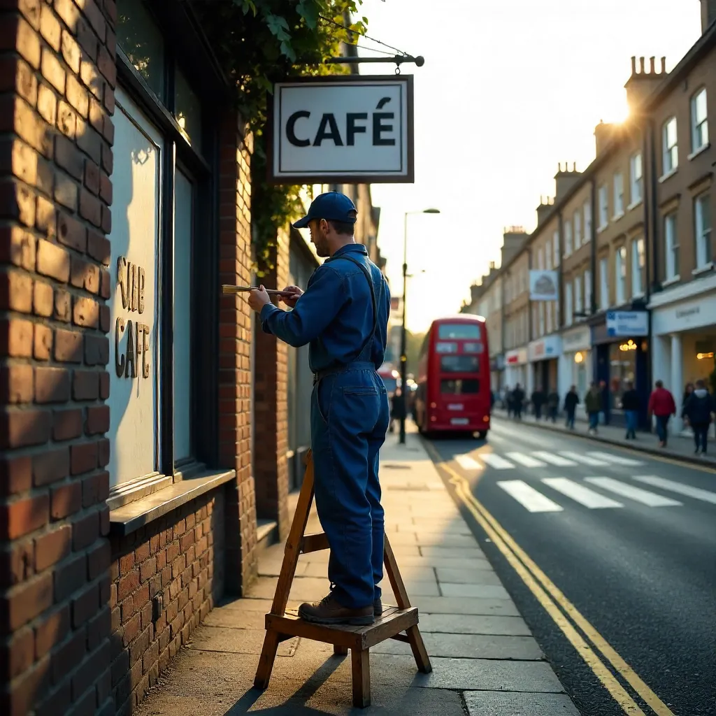 Blue Overalls Painter on Abbey Road Cafe Sign