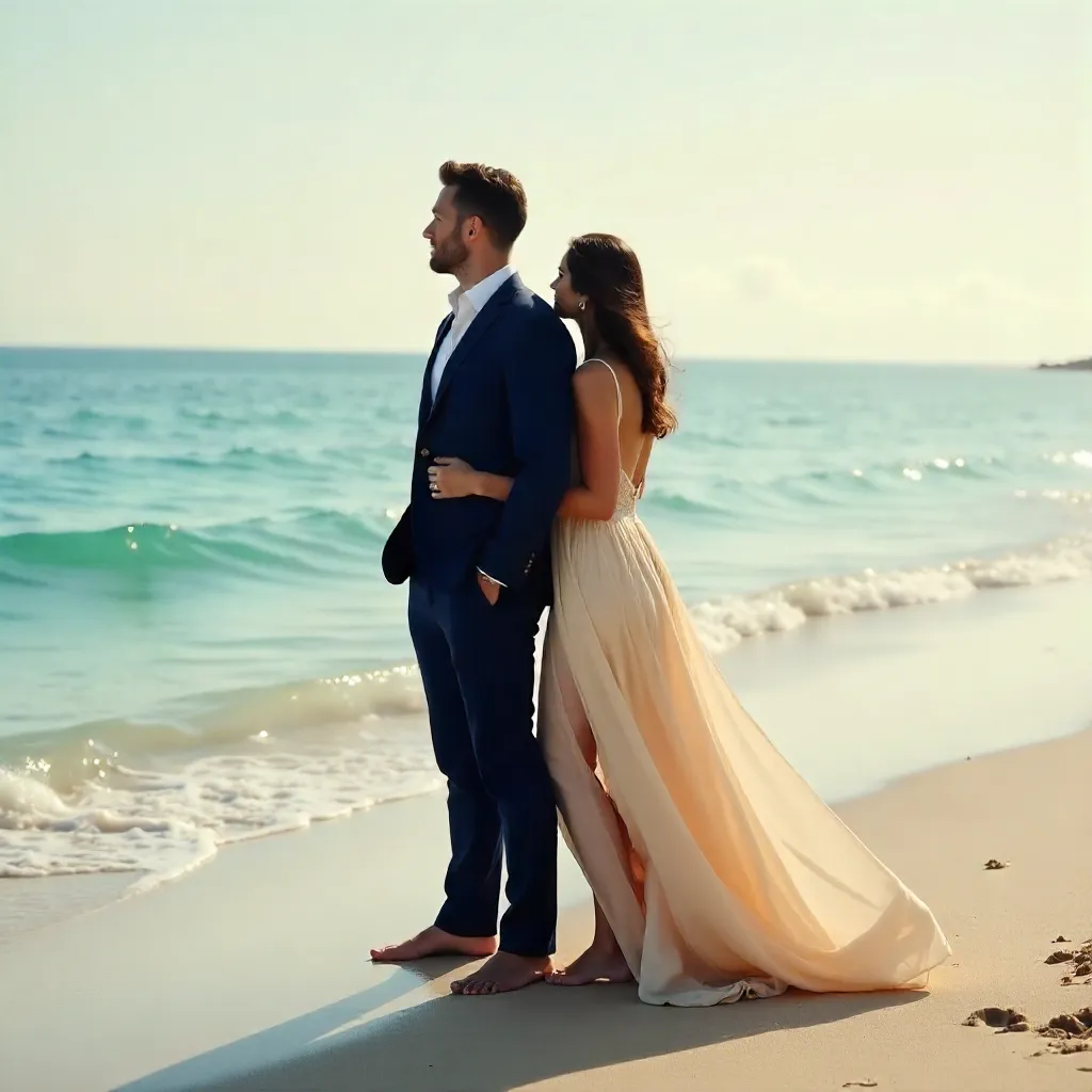Elegant Couple Back-to-Back on a Serene Beach