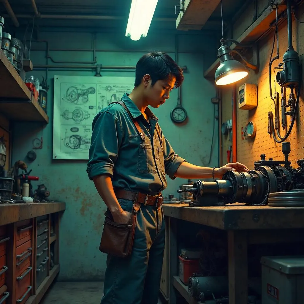 Young Asian Mechanic in Neon Concept Workshop