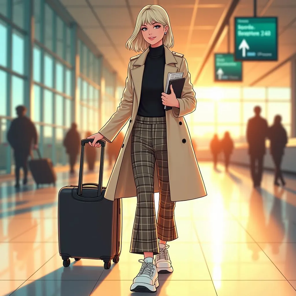 Chic anime traveler in a sunlit airport
